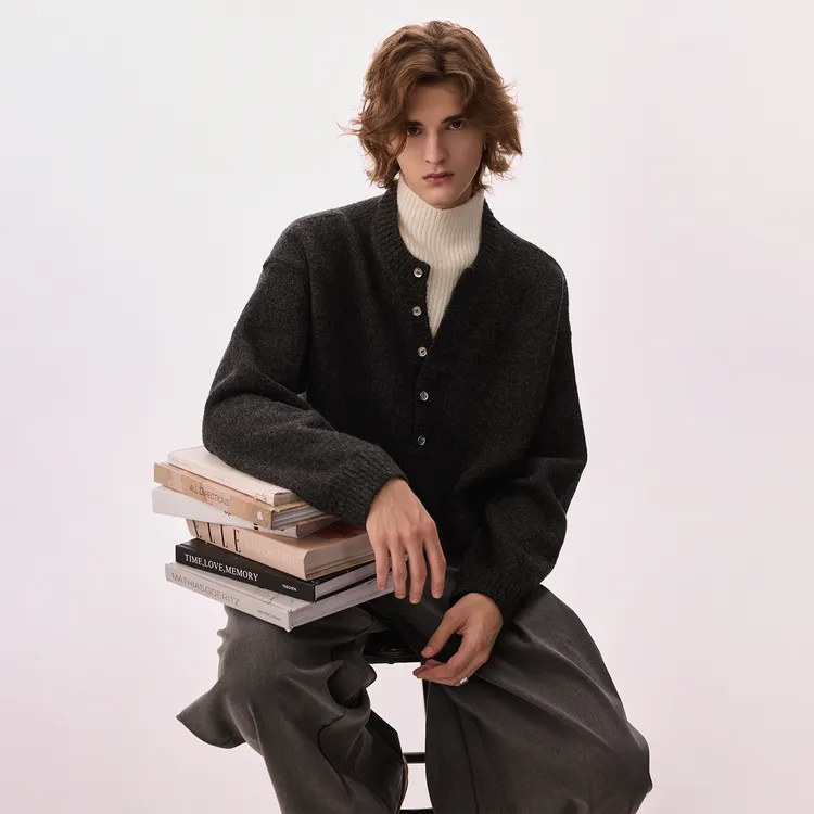 CHOR秋冬季羊毛混纺高领男生假两件针织衫毛衣时尚休闲复古宽松