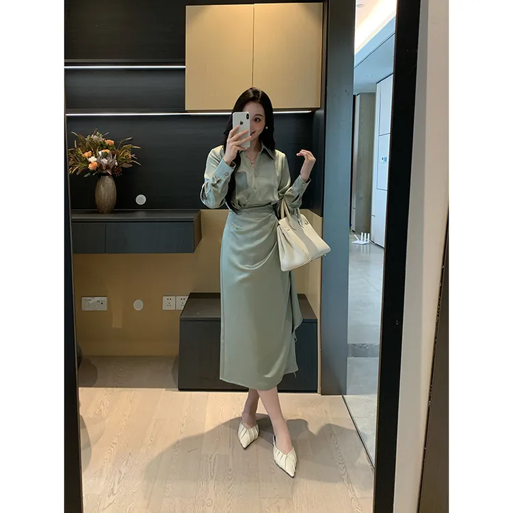XINYI【碧波海盐】秋季缎面连衣裙收腰显瘦气质飘带裙X625Q15283