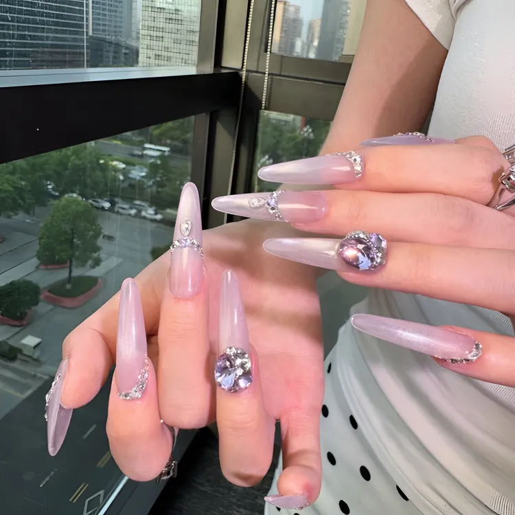 SANGE三格手工穿戴甲-甜美浅粉紫重工全钻 赠工具包