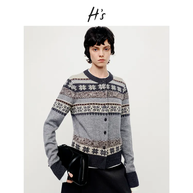 H'S费尔岛撞色提花针织开衫女25冬新款高级设计落肩圆