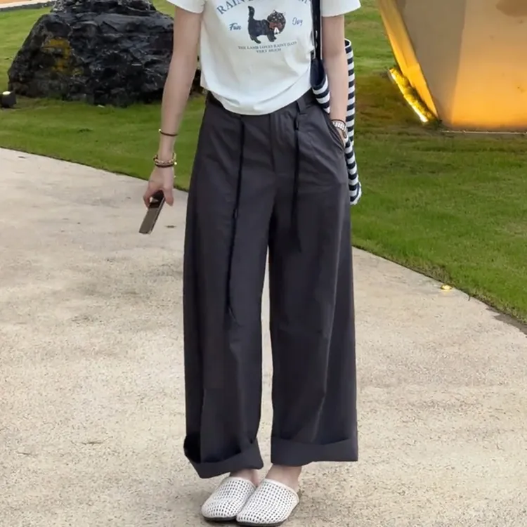 时尚气质设计感宽松休闲裤女夏季新款小众别致休闲显瘦高腰阔腿裤