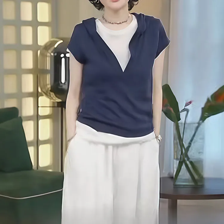 洋气减龄撞色连帽短袖T恤女夏季时尚设计感宽松显瘦假两件上衣潮