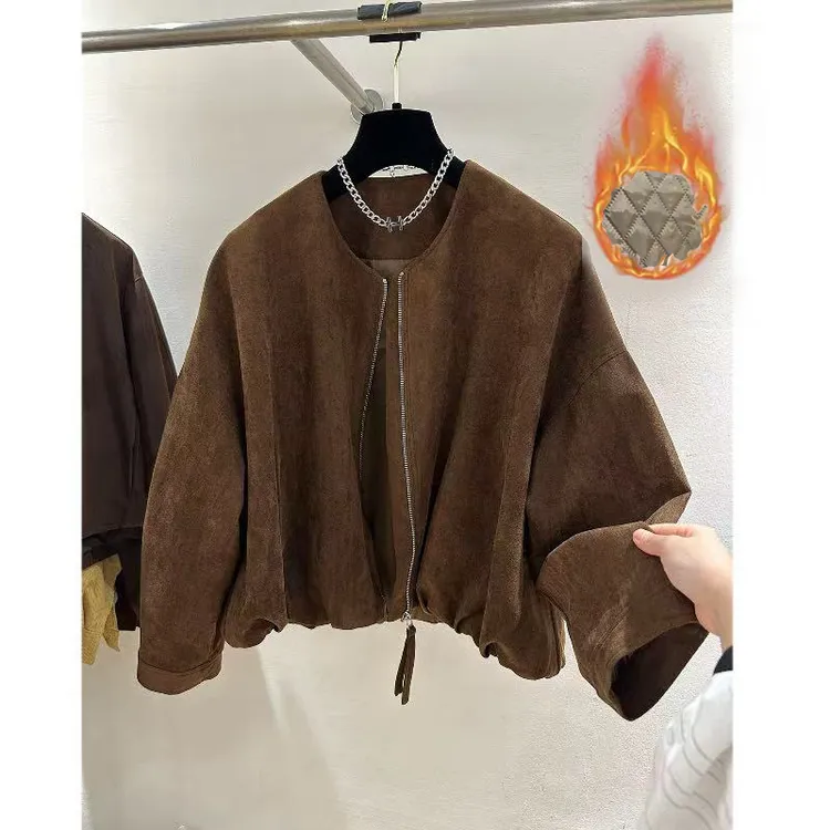 高端欧货冬季新款高级感宽松复古麂皮绒圆领加厚外套短女
