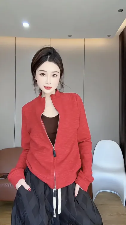 红色立领正肩长袖t恤女2025新款爆款秋冬季修身显瘦开衫外套上衣