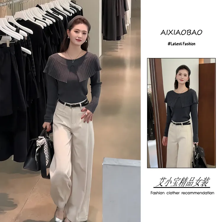 入秋季2025年新款女装韩系高级感气质一字领针织上衣阔腿裤两件套