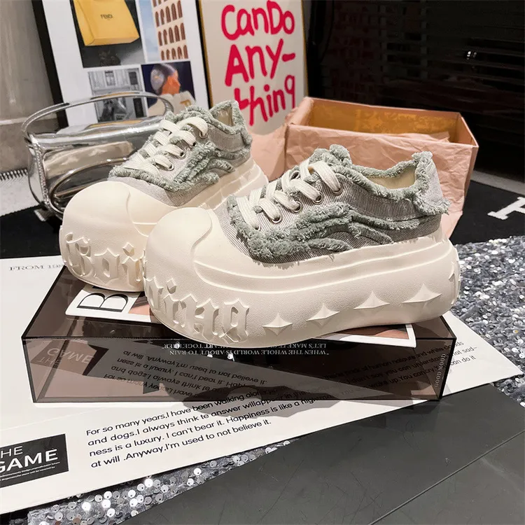 2025早秋新款ins超火牛仔布帆布鞋系带厚底松糕休闲鞋板鞋6cm女鞋