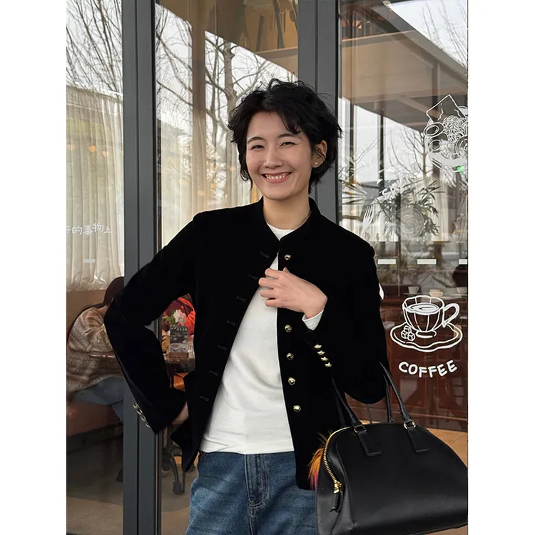 LANGQING 黑色丝绒小香风新中式国风时尚毛毛外套43754#