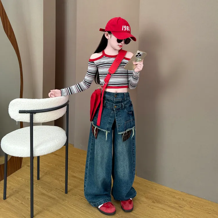 女童2025新款春秋季美式复古假两件格子拼接牛仔裤条纹上衣套装潮