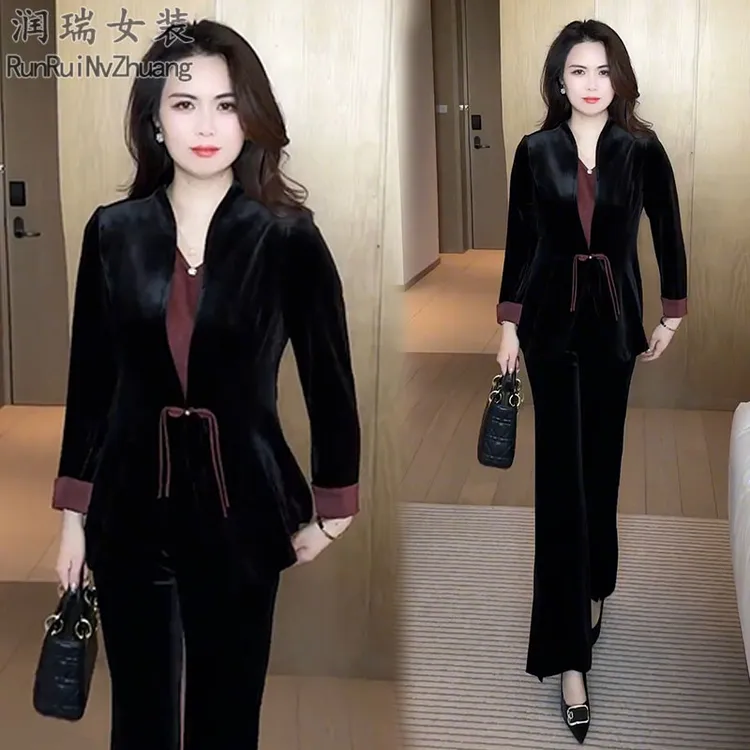 新中式国风时尚套装女2025秋季新款小个子盘扣外套微喇裤三件套潮