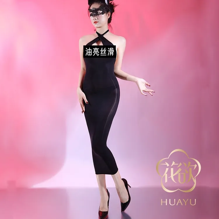性感胸前交叉全身无缝包臀连衣长裙油亮丝滑时尚气质紧身优雅
