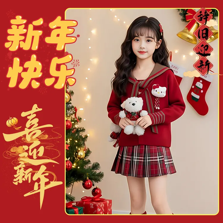 女童秋冬装套装2026新款儿童拜年服韩系红色毛衣百褶裙两件套童装