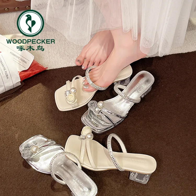 啄木鸟鸳鸯水钻优雅绝美配裙子2025夏季新款一字带水晶粗跟凉鞋女