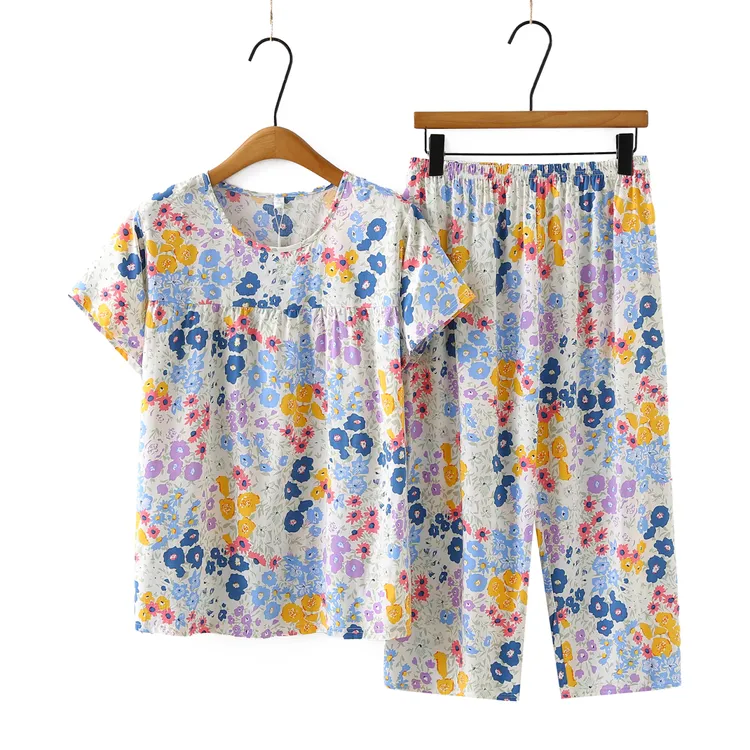 短袖女夏季棉绸人造棉七分裤睡衣家居服套装套装大码休闲复古风