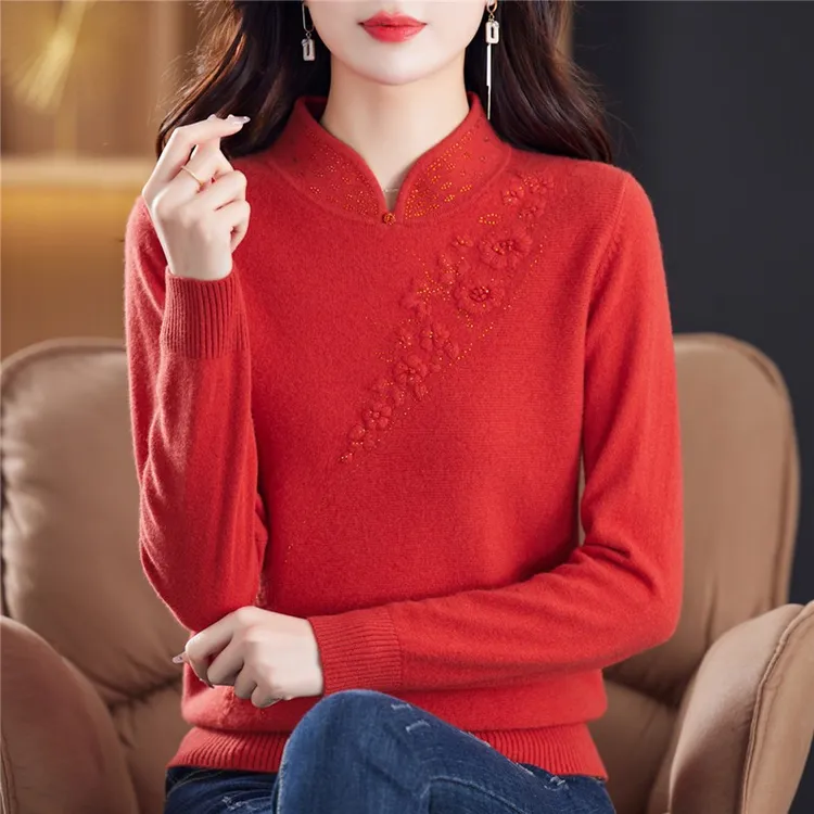 2025年流行洋气中国风长袖针织衫喜妈妈本命年女士红色秋冬羊毛衫