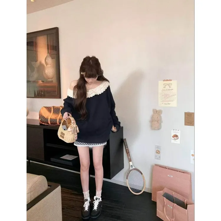 斜肩卫衣女新款蕾丝花边小众长袖上衣 C 9371#