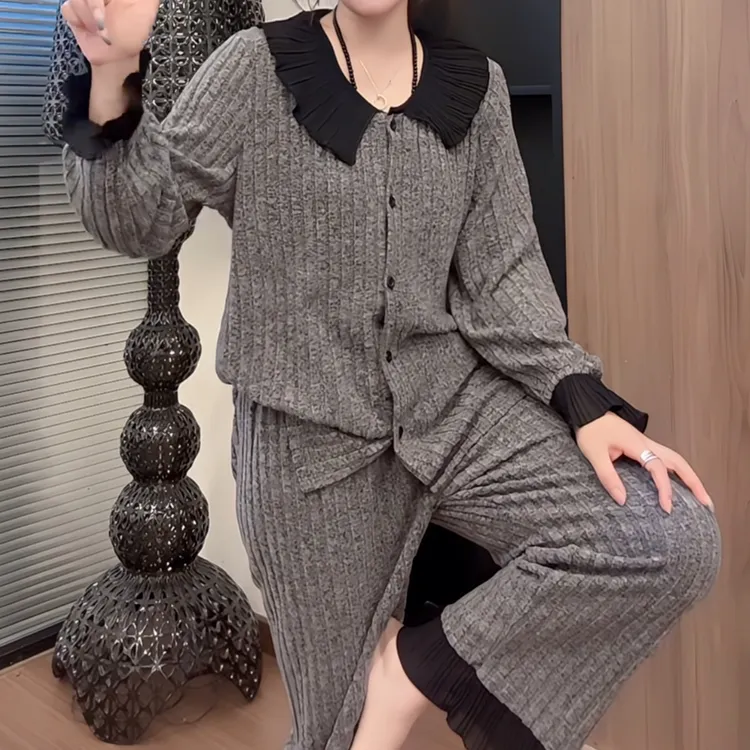 荷叶领家居服套装女2024年新款坑条休闲可外穿长袖睡衣两件套