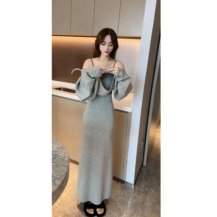名媛风气质洋气一字领侧面收褶针织上衣女中长款一步裙半身裙套装