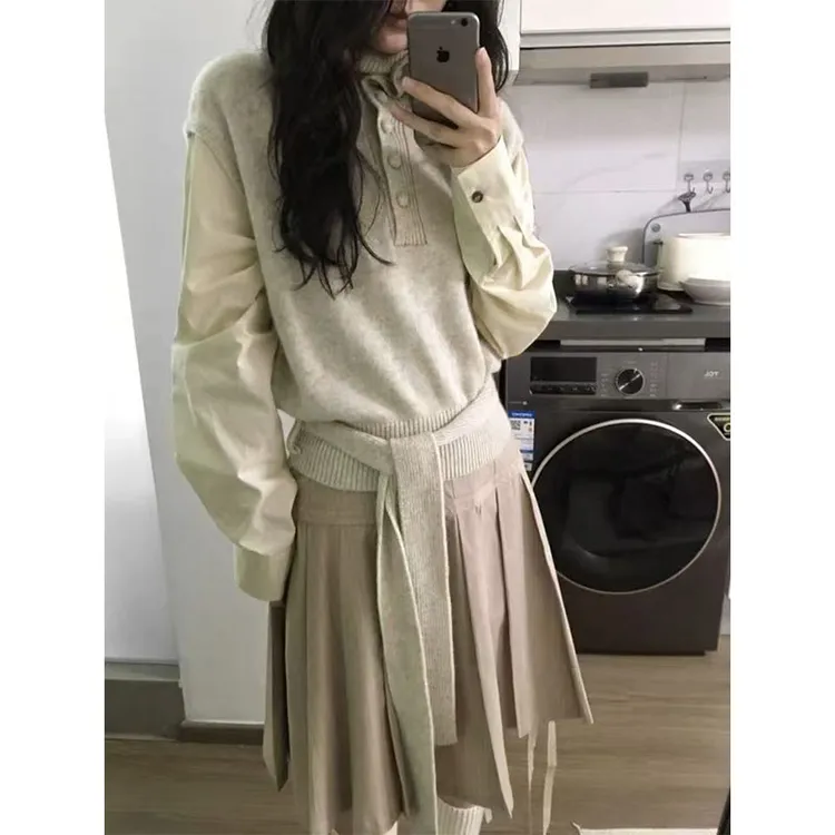 翻领排扣设计感马甲针织上衣长袖显瘦百搭小众韩版衬衫百褶半身裙