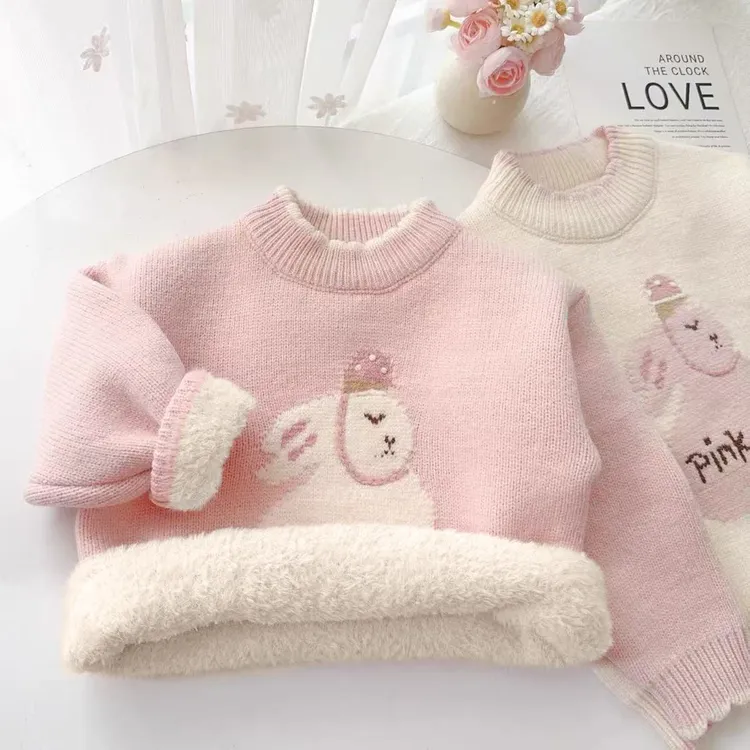 女童一体绒毛衣加绒加厚保暖小童内搭针织衫女宝宝上衣秋冬洋气