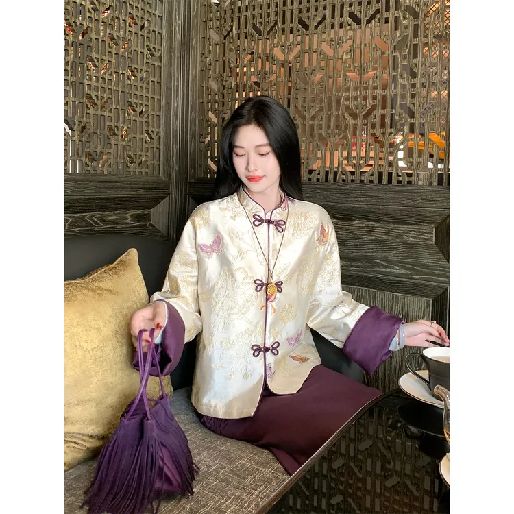 凌茜恣禾【蝶恋】国风新中式杏蝴蝶绣花外套温婉优雅气质高级感外套