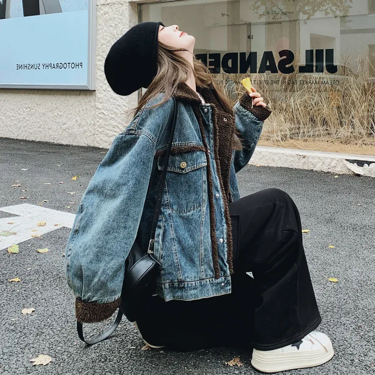 港风复古加绒牛仔厚外套女2025冬季新款小个子设计感短款夹克上衣