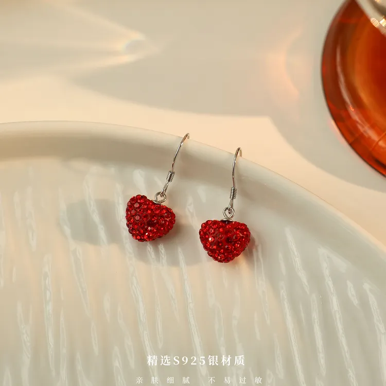 丽沁 925银耳饰 超闪锆石红色爱心耳钩项链气质轻奢百搭甜美个性