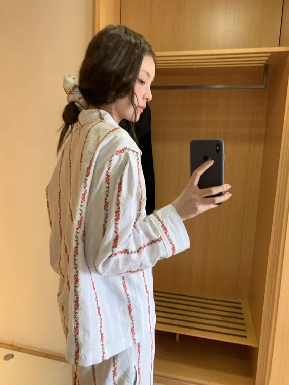 韩版碎花条纹长袖睡衣女款爆款2025年秋季绵绸长裤家居服大码套装