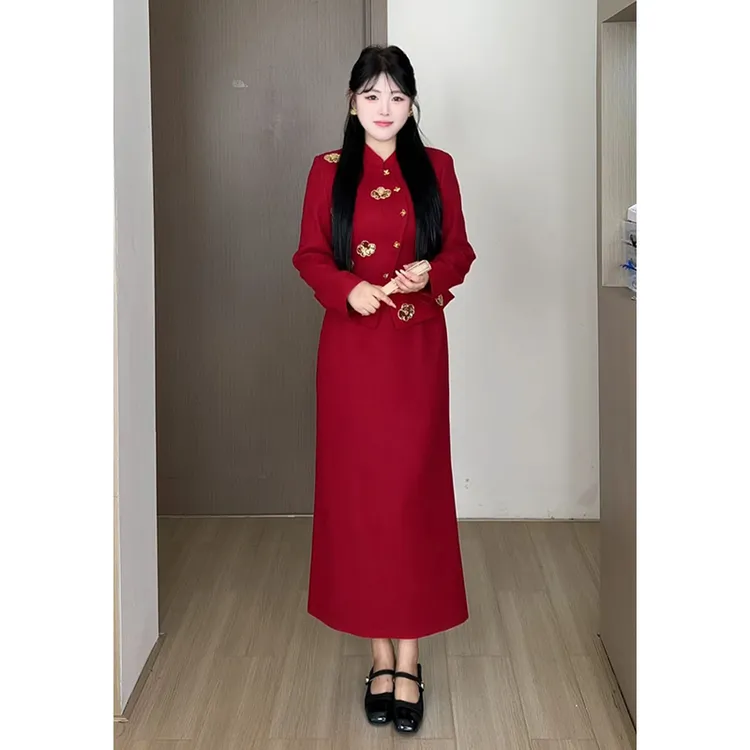 【金绣红妆】秋大码女装微胖敬酒订婚服新中式显瘦半裙套装 DM33223