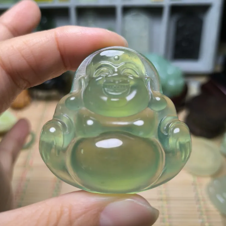 天然岫玉精品高冰飘花雪花冰俏色佛公吊坠挂件