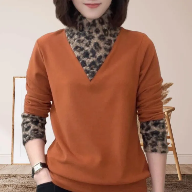 洋气减龄时尚上档次遮肚显瘦打底衫女豹纹拼接设计感高领长袖上衣