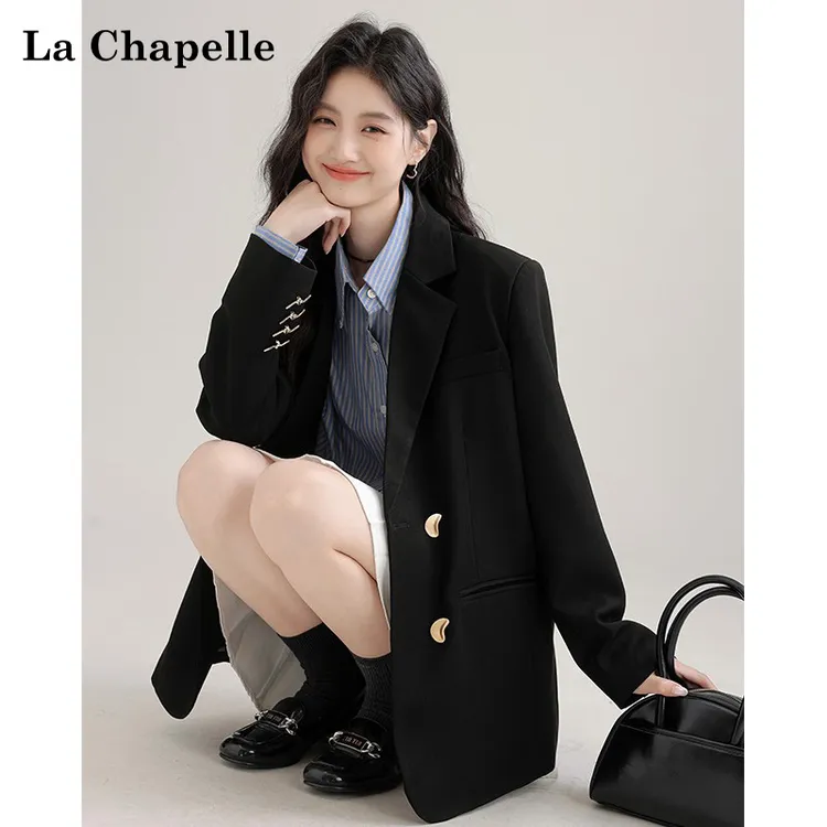 拉夏贝尔2025秋冬新款黑色廓形气质西装外套宽松高级西服上衣