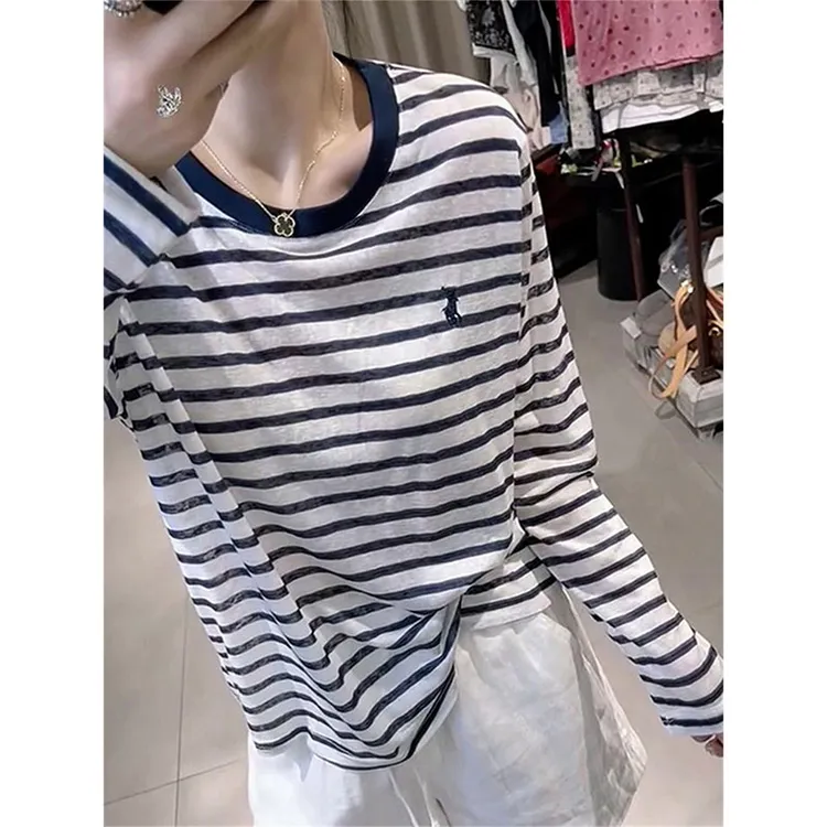 【现货直发】韩版小马刺绣撞色条纹长袖T恤夏宽松显瘦减龄空调罩衫