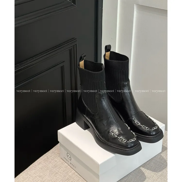 2025秋时尚百搭方头链条厚底针织拼接袜靴