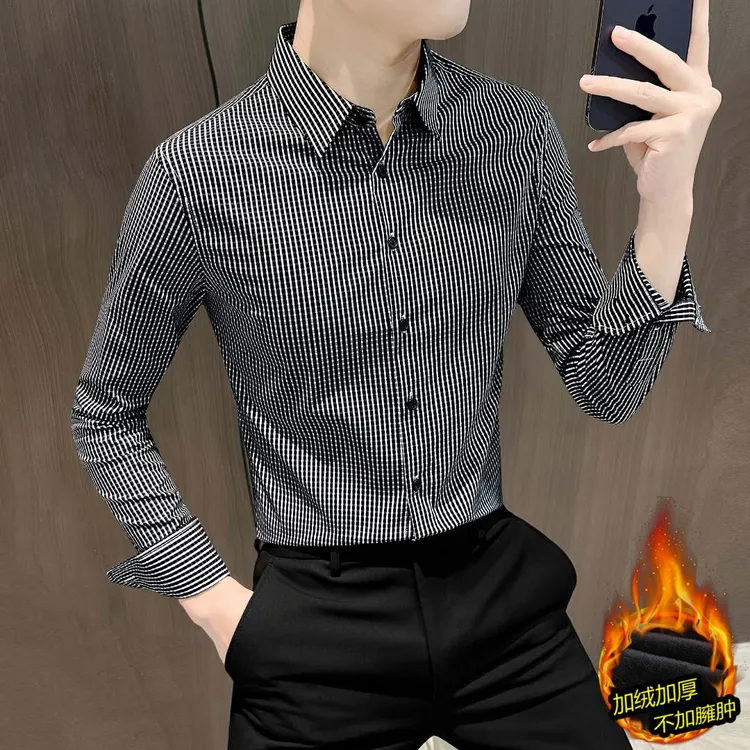 格子衬衫男长袖高级感加绒秋冬修身男士衬衣爆款2025新款商务男装