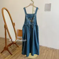 C0557彩色可爱刺绣腰部系带可调节牛仔背带裙
