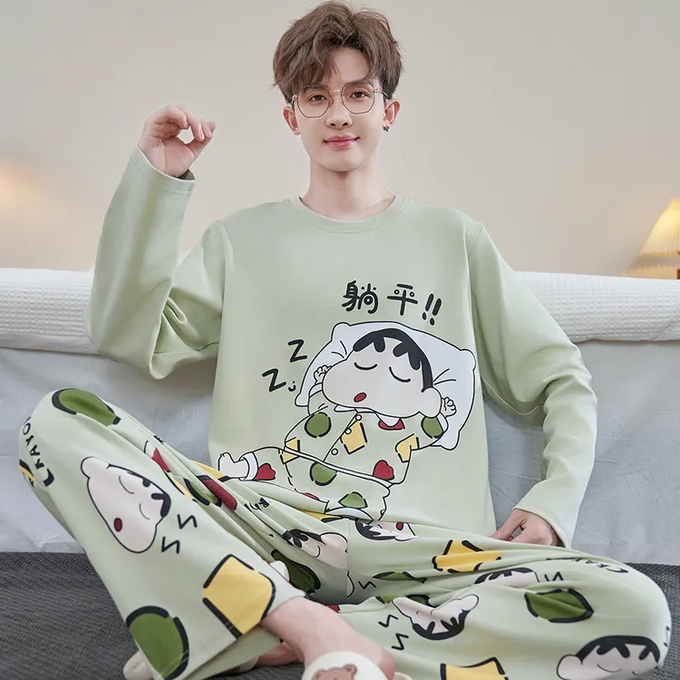 纯棉春秋季卡通睡衣男士长袖长裤学生男孩家居服加大码全棉套装冬
