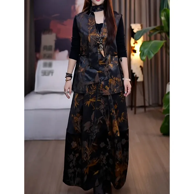 新中式高级轻奢气质套装2025高档时尚宽松文艺印花马甲高腰半身裙