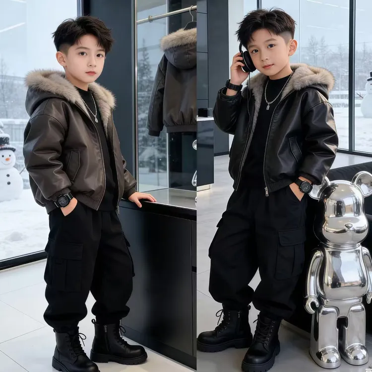 0804男童中大童两面穿加绒皮衣夹克外套