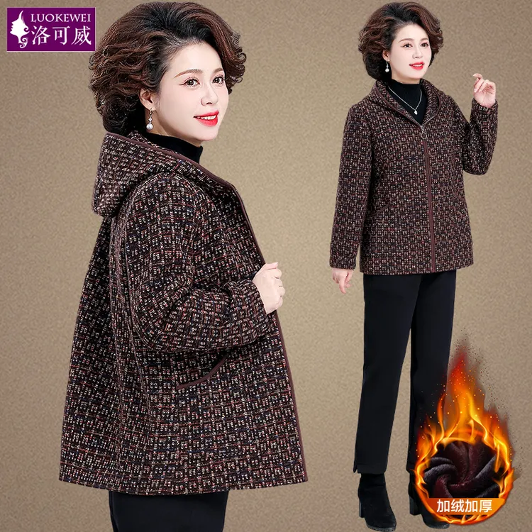 妈妈秋冬羊毛呢外套中老年人加绒加厚保暖衣服女奶奶冬装呢子大衣