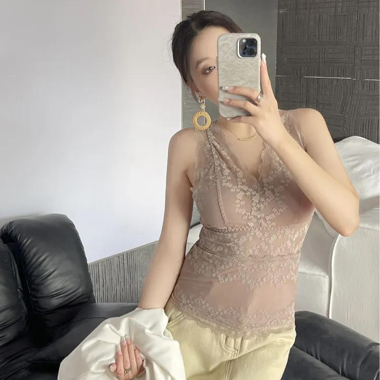 秋冬季V领蕾丝背心宽肩带可拆胸垫双层磨毛加大码长款美背