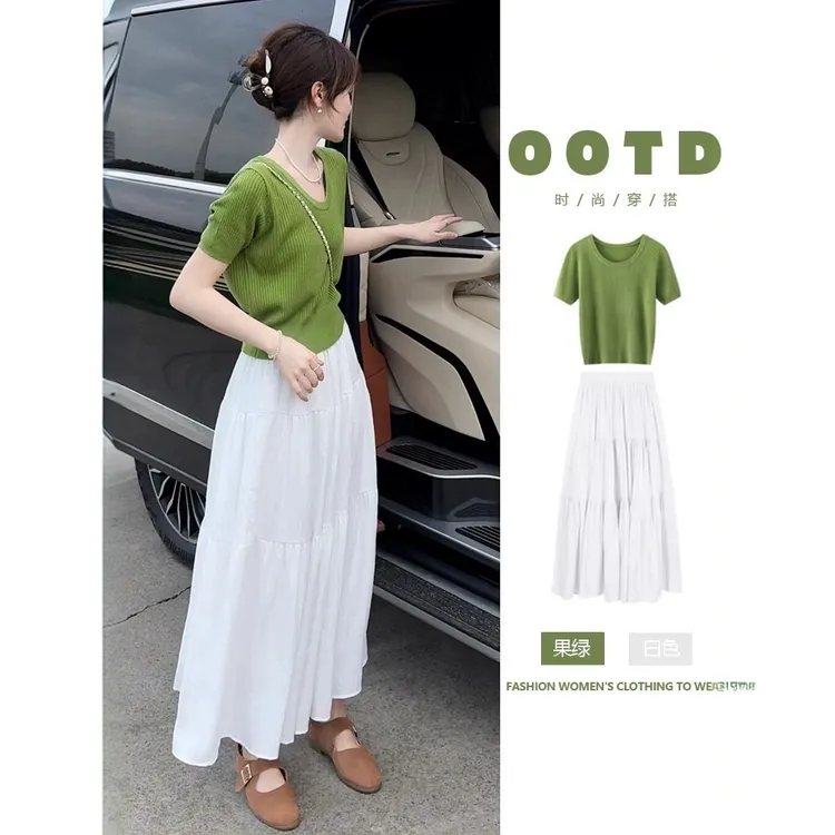夏装搭配一整套绿色透气薄款针织短袖t恤半身裙两件套女