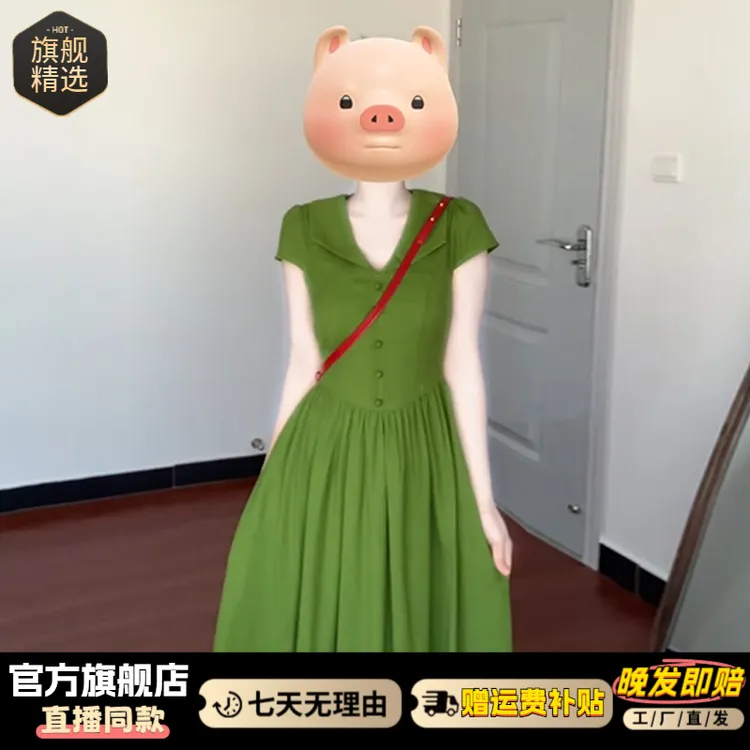 法式复古绿色衬衫连衣裙子女夏季2025新款高级感气质海边度假长裙