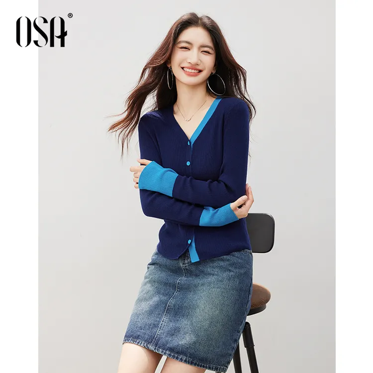 OSA复古撞色V领针织衫女秋通勤百搭高智风打底毛衣上衣S125C16008