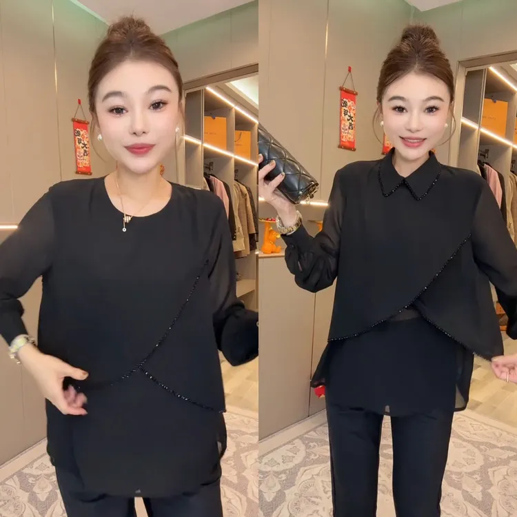 2025春夏新款翻领串珠时尚提花假两件显瘦打底衫洋气百搭女士上衣