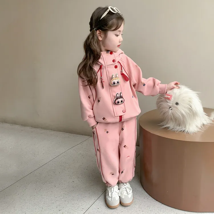 女童拉布布插肩袖连帽开衫套装秋季新款洋气时尚网红款卫衣两件套