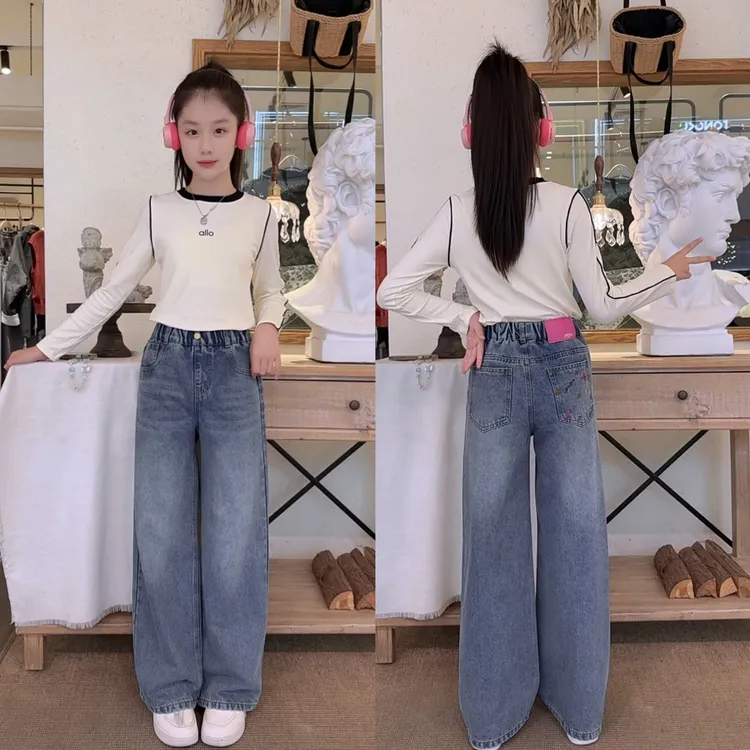 童装春秋季牛仔裤长裤女童装高腰秋冬时尚牛仔阔腿裤中大童显瘦