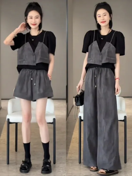 大码时尚休闲套装女2025夏季新款设计感针织拼接上衣阔腿裤两件套