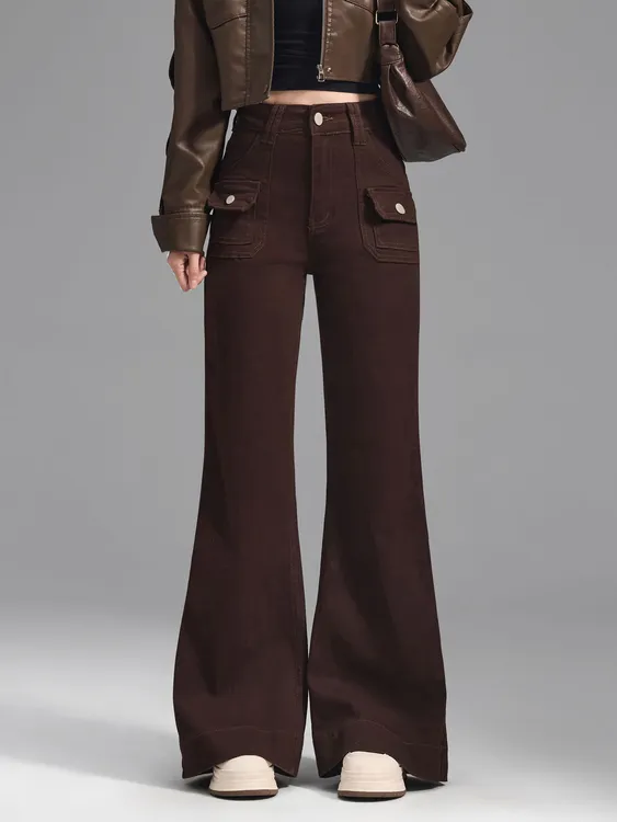 601咖色微喇牛仔裤女2025秋季新款高腰显瘦显腿长喇叭拖地长裤