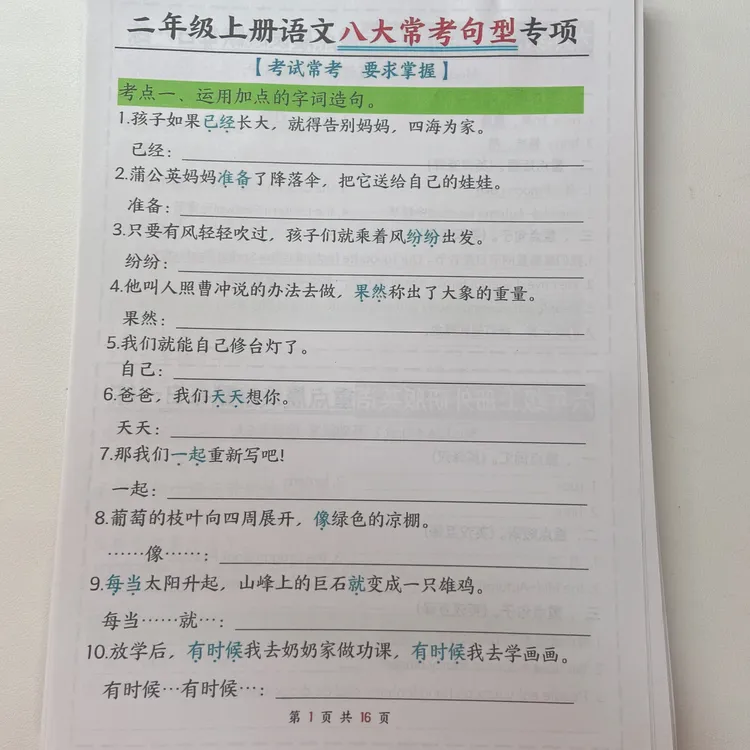 2025秋季新版二年级上册语文八大类句子专项专项练习含答案