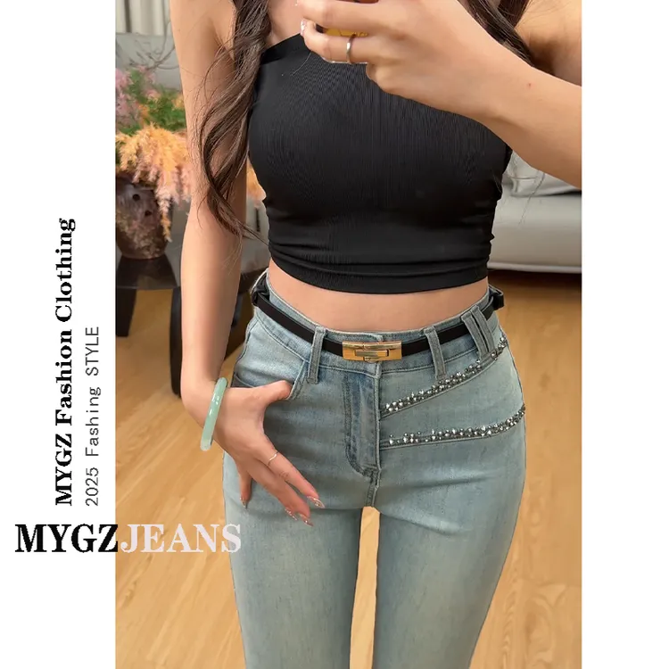 胡天蓝烫钻微喇牛仔裤女2025春夏高腰弹力修身显瘦拖地马蹄喇叭裤